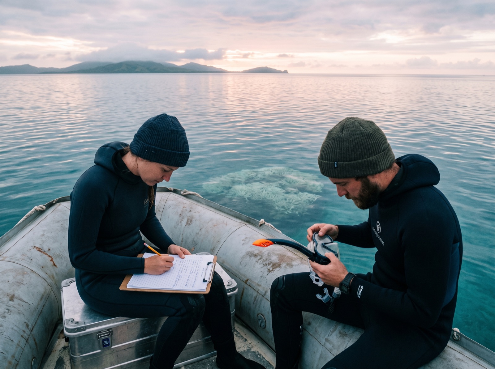 Two Blue Horizon researchers reviewing field notes on a boat at dawn, with a damaged coral patch visible in the water below.