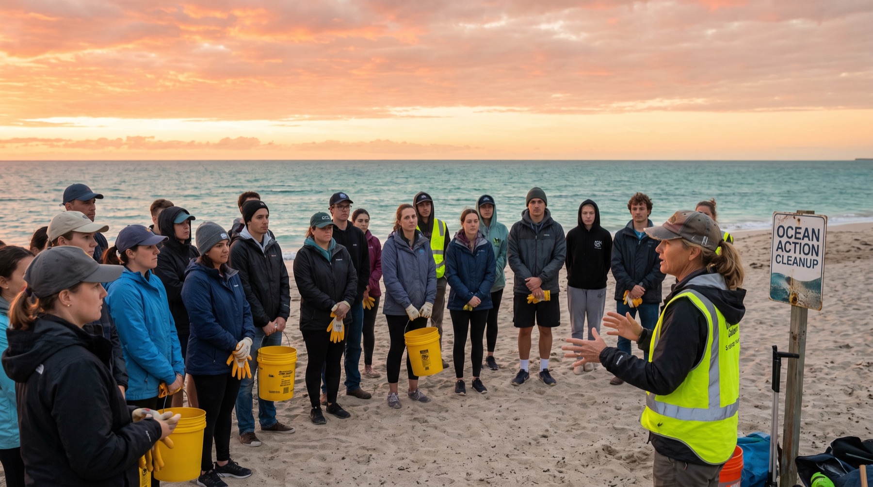 A group of volunteers gathered on a beach at sunrise before a coastal cleanup event
