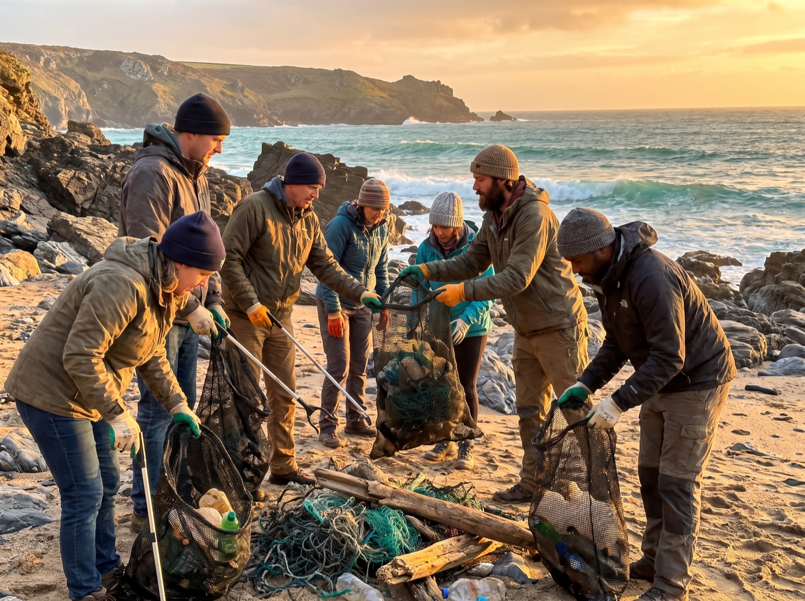 Volunteers sorting marine debris into mesh bags on a rocky shoreline at sunrise