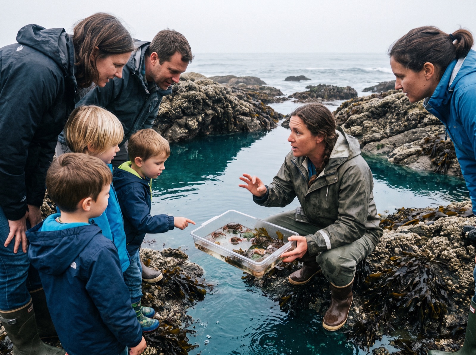 A marine educator showing tidepool specimens to a group of children and families